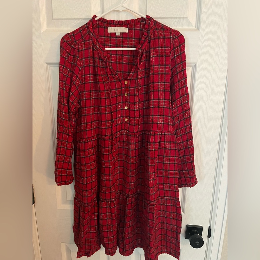 Red plaid tiered dress with pockets